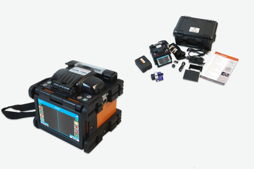 CFS100 - Core Centered Arc Splicer, 1 pair of electrodes (pre-installed), pair of universal fiber holders (4 in 1), 1 SOC fiber holder, 1 SOC shrink oven adapter, 1 Li-Ion battery, 1 power adapter incl. IEC cable, 1 micro USB cable (for data transfer), 1 hard case, 1 carrying strap hard case, 1 quick start guide